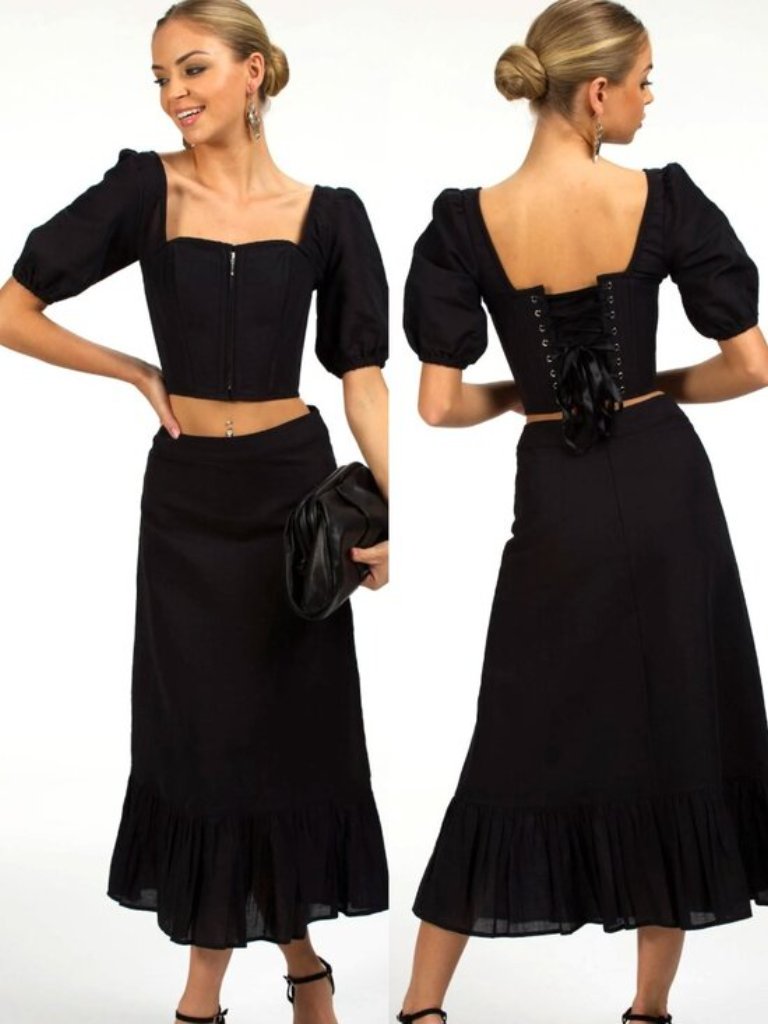 Steel Boned Overbust Corset Eu Black Linen Top Puff Sleeve Us 8 (M) 28" Nwt